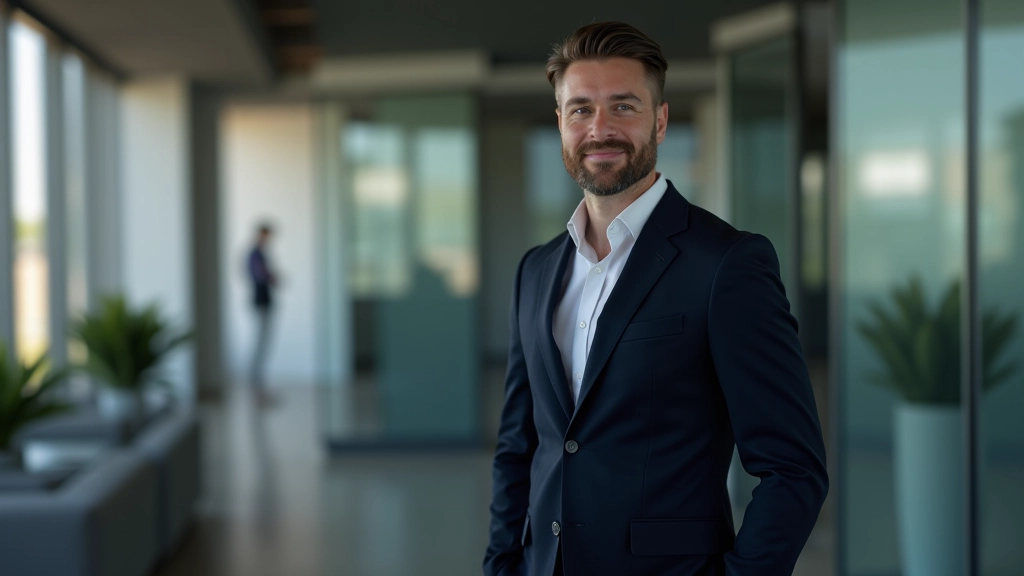 Portrait professionnel d'un homme consultant, main dans la poche, confiance naturelle