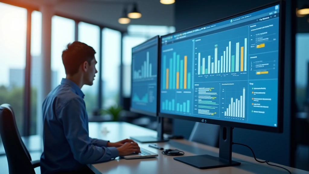 Environnement de travail moderne avec bureaux et graphiques statistiques affichés sur écrans