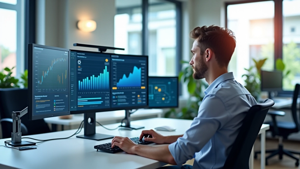 Photo montrant un espace de travail moderne avec des données statistiques d'emploi affichées sur écrans