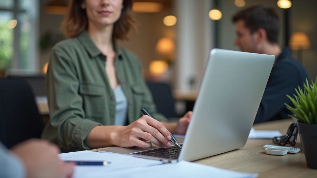 Photo d'une personne consultant un ordinateur portable dans un centre d'emploi avec documentation sur les offres d'emploi