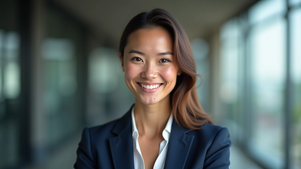 Portrait professionnel d'une femme économiste, sourire confiant, fond bureau moderne