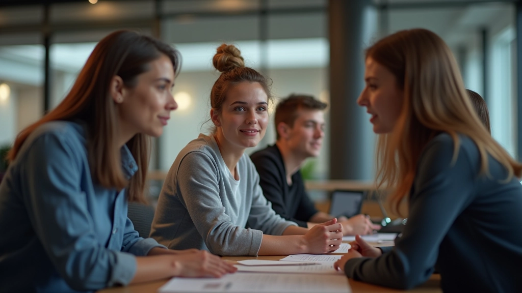 Jeunes professionnels en réunion de travail, discussion sur l'emploi et les perspectives de carrière